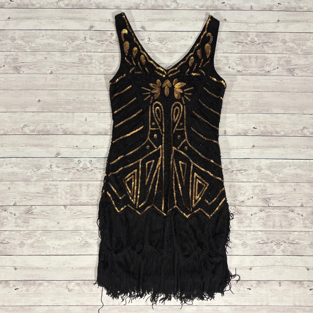 BabeYond Black Gold Sequin Beaded Fringe Sleeveless Flapper Dress